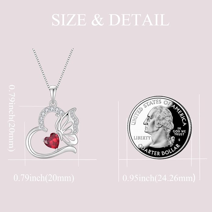 Butterfly Necklace for Women 925 Sterling Silver Heart Pendant Birthstones Jewelry Gift