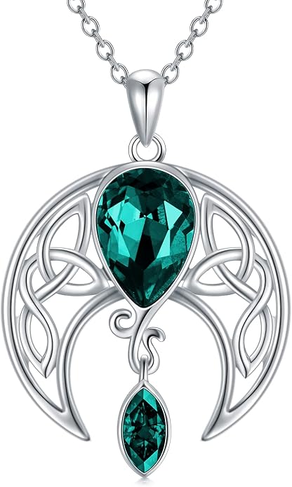AOBOCO Sterling Silver Celtic Crescent Moon Goddess Pendant Irish Good Luck Necklace with Birthstone Crystal, Celtic Moon Jewelry Gift for Women Mom Wife