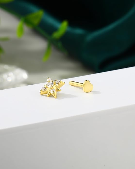 COCHARM 14K Gold Plated Cartilage Earrings Stud 16G Star 925 Sterling Silver Helix Tragus Earrings Surgical Steel Flat Back Earrings for Women
