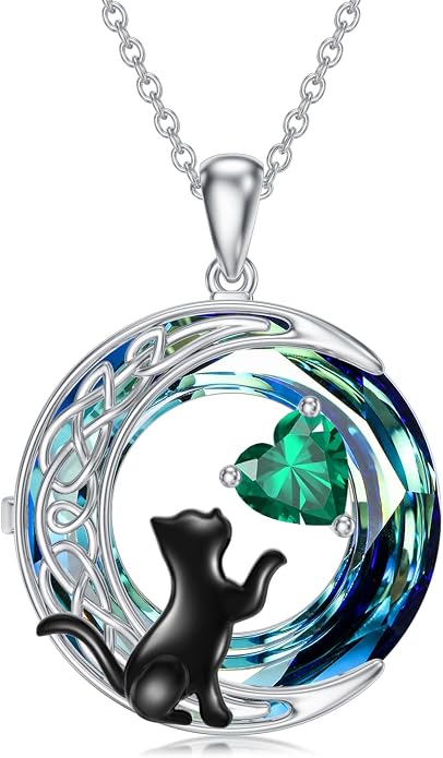 TOUPOP Cat Gifts for Cats Lovers 925 Sterling Silver Black Cat Necklace Celtic Moon Birthstone Jewelry for Women Anniversary Birthday Gift for Her Wife Mom