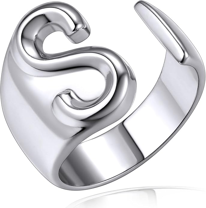KeyStyle Bold Initial Letter Rings Adjustable, GoldChic Jewelry Women Gold Statement Ring Personalized Engraved Women’s Open Signet Ring for Party (Gold, White Gold, Black)