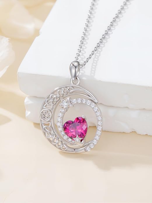 Dorunmo Heart Birthstone Necklace for Women 925 Sterling Silver Moon and Star Pendant Birthday Jewelry Gifts for Wife Her Daughter Mom