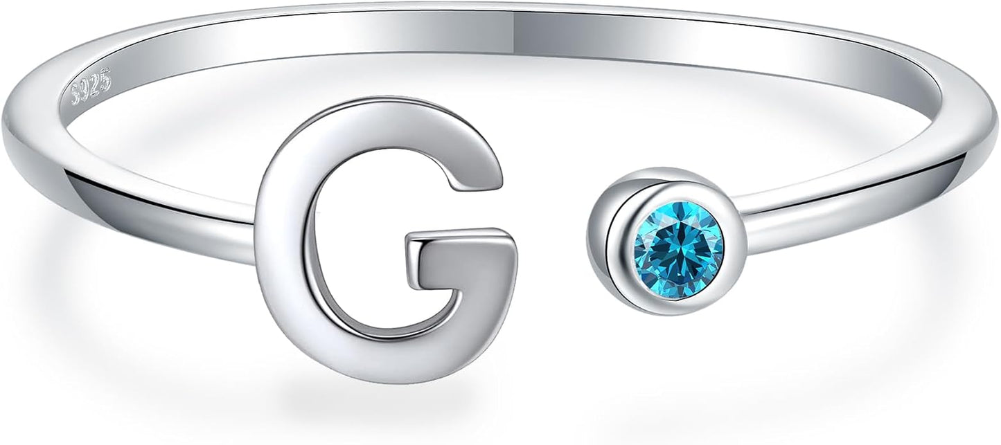 925 Sterling Silver Initial Letter Birthstone Rings for Women Adjustable 1-12 Month Birthstone Alphabet Stacking Ring for Teens Girls Stackable Birthstone Rings Birthday Jewelry Gift for Daughter Mom