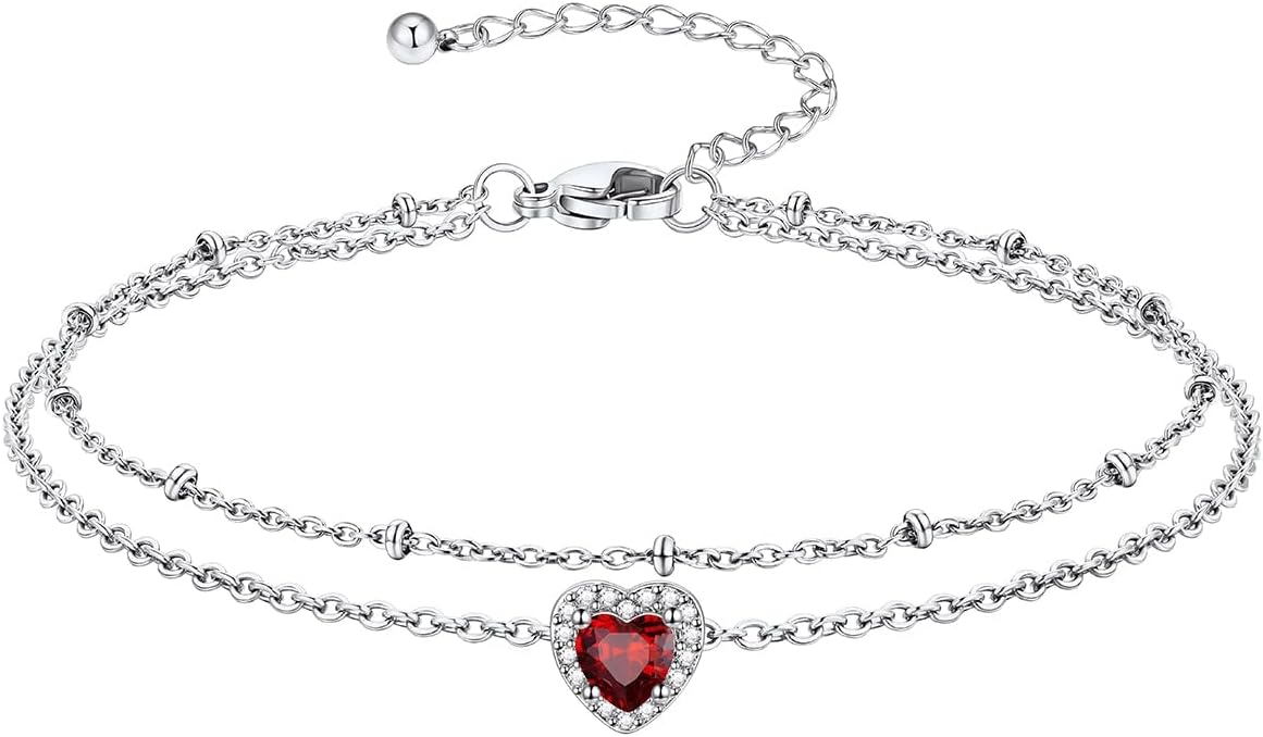 Richsteel Double Layer Heart/Butterfly Birthstone Anklet for Women Non Tarnish Waterproof, Silver/Gold/Black Stainless Steel 8.5-10.5 Inch Adjustable Chain Anklets Jewelry Gifts for Her