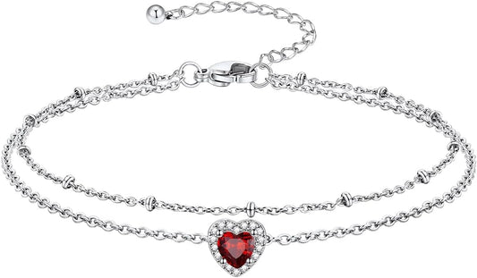 Richsteel Double Layer Heart/Butterfly Birthstone Anklet for Women Non Tarnish Waterproof, Silver/Gold/Black Stainless Steel 8.5-10.5 Inch Adjustable Chain Anklets Jewelry Gifts for Her
