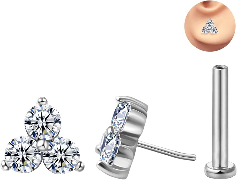 FANSING Cartilage Earring Tragus Stud Trio CZ Stone Flat Back Earring for Helix Conch Threadless Push Pin Labret Stud