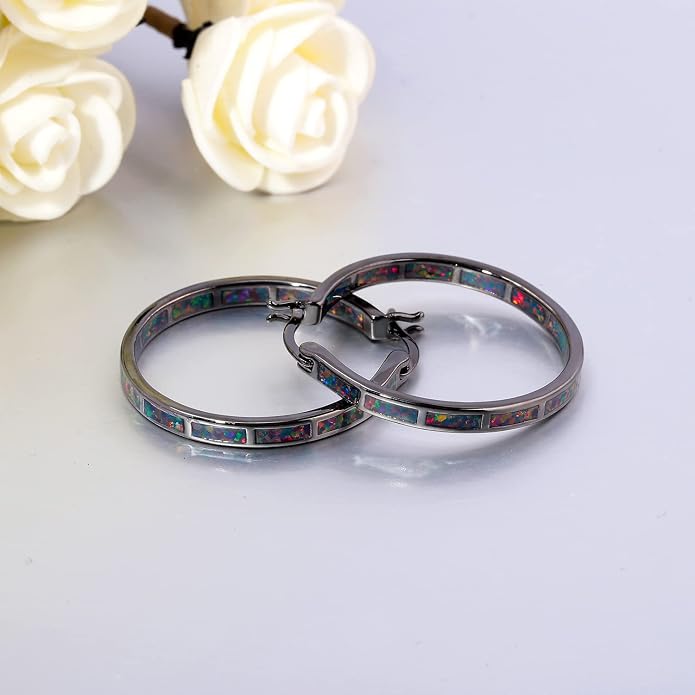 CiNily Opal Hoop Earrings,Women Jewelry Rhodium Plated/Rose Gold or Yellow Gold Plated Gemstone Big Hoop Earrings 32mm