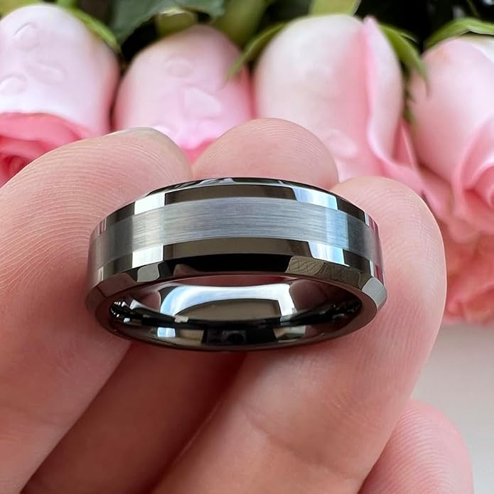 TUTISS 6mm 8mm Silver/Black/Gunmetal/Gold Tungsten Rings for Men Women Fashion Jewelry Engagement Wedding Bands Matte Polished Shiny Beveled Edges Comfort Fit