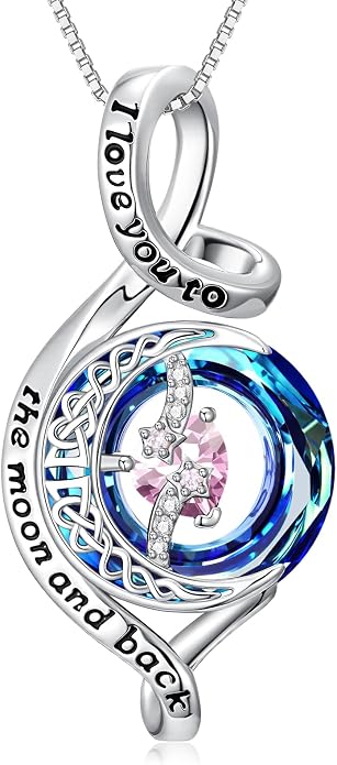 OCJ Birthstone Necklace for Women 925 Sterling Silver Moon and Star Pendant Infinity Celtic Moon Crystal Jewelry Anniversary Birthday Christmas Gift for Her Wife Girlfriend Mom Daughter