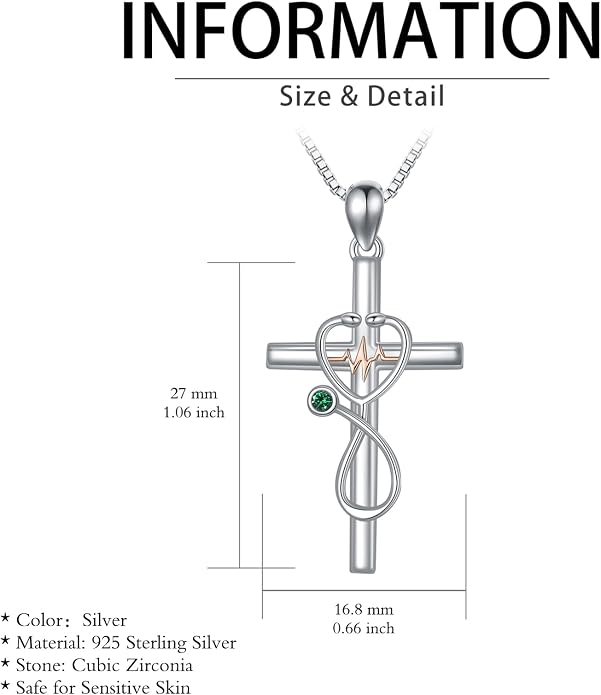 HPQQ Gifts for Nurse Sterling Silver Stethoscope Cross Necklace Nurses Birthstone Jewelry Nursing Themed Medicine Nurses Week Graduation Gifts Doctor Medical Student RN