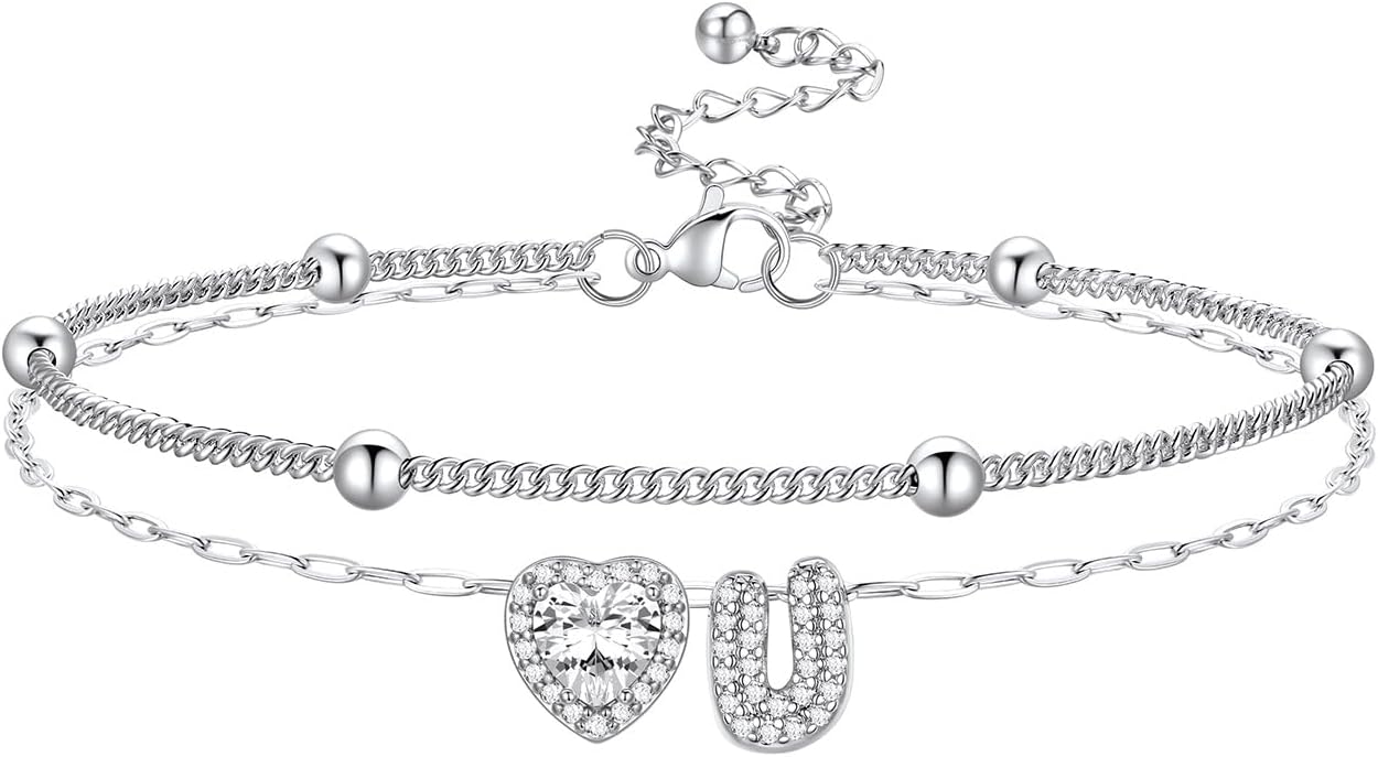 Bestyle Initial Anklet Bracelets for Women Waterproof Non Tarnish 14K Gold/White Gold Plated CZ Anklets for Women Dainty Layered Letter Heart Ankle Bracelets Adjustable Foot Chain Anklet