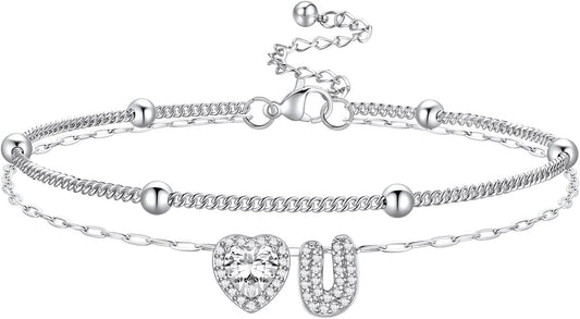 Bestyle Initial Anklet Bracelets for Women Waterproof Non Tarnish 14K Gold/White Gold Plated CZ Anklets for Women Dainty Layered Letter Heart Ankle Bracelets Adjustable Foot Chain Anklet