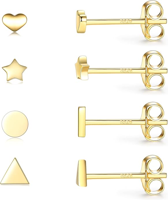EPIRORA Sterling Silver Stud Earrings for Women Men- 4 Pairs of Hypoallergenic Simple Geometric Small Stud Earring Set Tiny Circle Triangle Square Bar Stud Earrings Mini Cartilage Tragus Earrings
