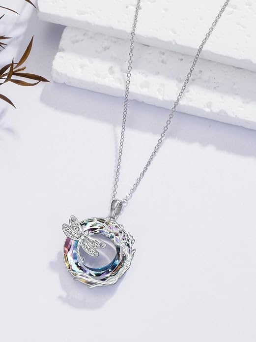 Dragonfly Necklace 925 Sterling Silver Dragonfly/Sunflower Bee Pendant Necklace Dragonfly with Blue Circle Crystal Dragonfly Jewelry Gifts as Holiday Christmas Gifts for Women