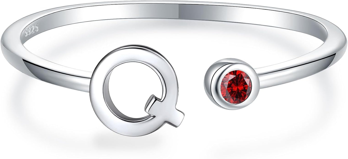 925 Sterling Silver Initial Letter Birthstone Rings for Women Adjustable 1-12 Month Birthstone Alphabet Stacking Ring for Teens Girls Stackable Birthstone Rings Birthday Jewelry Gift for Daughter Mom
