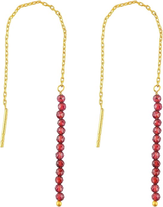Natural Gemstone Threader Earrings for Women - Dainty 2mm Faceted Beads - Birthstone Crystal Drop Earrings - Silver Plated Healing Jewelry