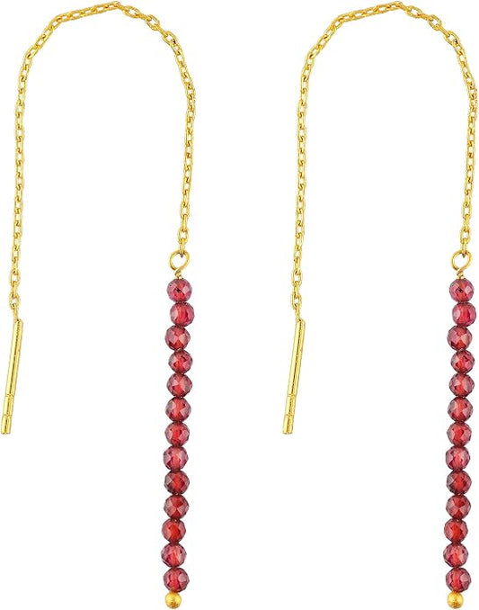 Natural Gemstone Threader Earrings for Women - Dainty 2mm Faceted Beads - Birthstone Crystal Drop Earrings - Silver Plated Healing Jewelry