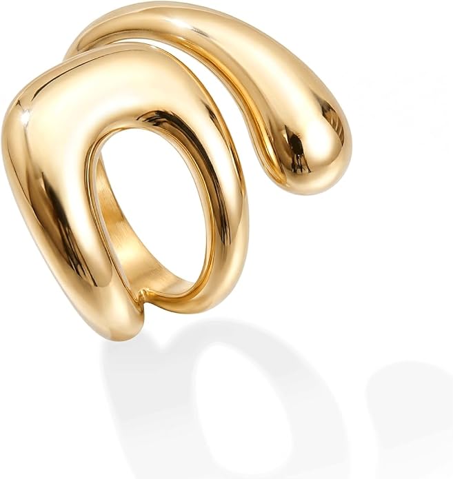 Gelbesty Waterproof Gold Statement Rings for Women, 14K Gold Plated Chunky Open Stackable Rings Non Tarnish Fashion Adjustable Stainless Steel Pinky Knuckle Signet Vintage Ring Jewelry Size 5-11