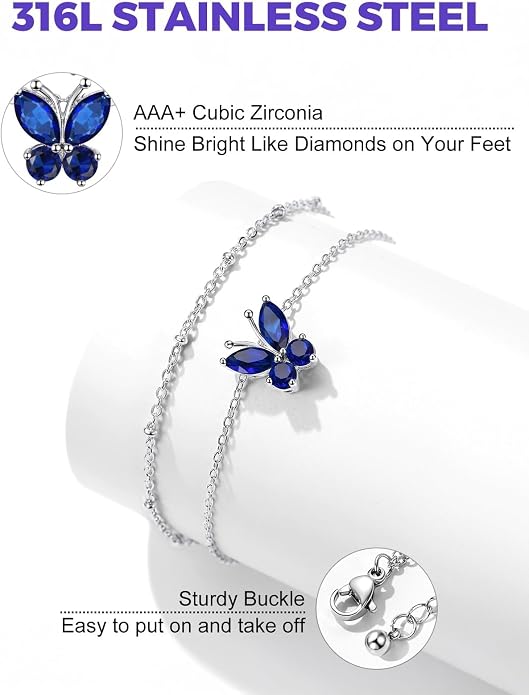 Richsteel Double Layer Heart/Butterfly Birthstone Anklet for Women Non Tarnish Waterproof, Silver/Gold/Black Stainless Steel 8.5-10.5 Inch Adjustable Chain Anklets Jewelry Gifts for Her