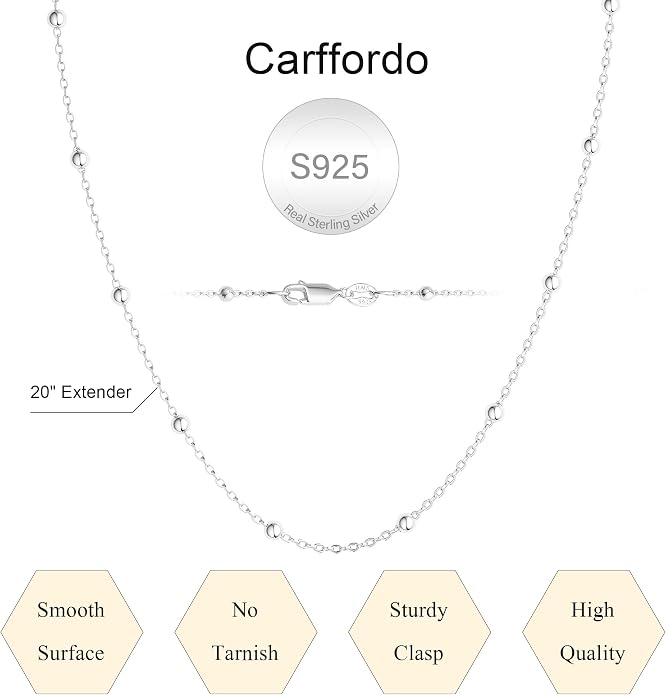 Carffordo 925 Sterling Silver Chain Necklace 16K Gold Plated Beaded Chain Necklace for Women Simple Dainty Choker Necklace Satellite Waterproof Link Necklace Trendy Jewelry Gifts