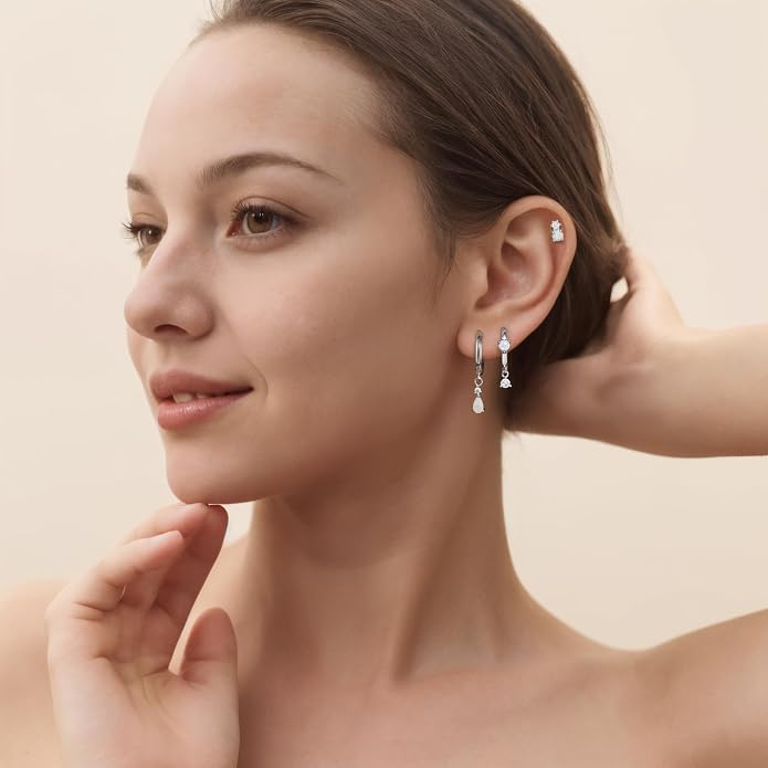 Angelady Opal Earrings Set for Women, Hypoallergenic S925 Sun Stud Earring for Sensitive Ears, Dainty Hoop Huggie Silver Opal Dangle Earring Stacks, Blue Earrings for Women Trendy 2025