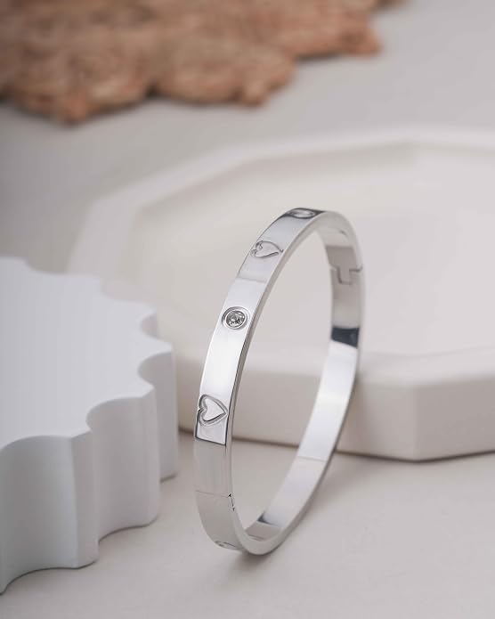 Stainless Steel Heart Motif Bangle Bracelet - Polished Hinged Cuff with Cubic Zirconia Accents - Durable Love-Inspired Design for Women