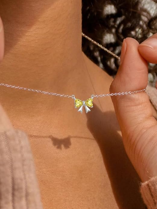 ChicSilver Bow and Cat Birthstone Necklace, 925 Sterling Silver Pendant Necklaces for Women, Hypoallergenic Silver Choker with 16 inch Rolo Chain, 12 Months Jewelry for Valentines Mothers Day Christmas