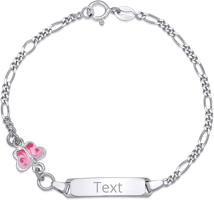 UNICORNJ 925 Italy Sterling Silver Child or Baby Name Bracelet Girls Boys, Personalized Engraved Kids ID Bracelets, 6.5" Figaro Chain, Enamel Charm Newborn Infant Toddler Kid Jewelry