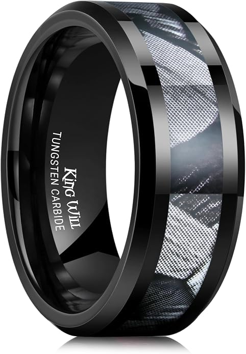 King Will Black Tungsten Wedding Band For Men, 8mm Promise Ring Inlay Red Twill Pattern/Colorful Wood Chips, High Polished Beveled Edge - Suitable For Daily Wear, Comfort Fit Size 7-14