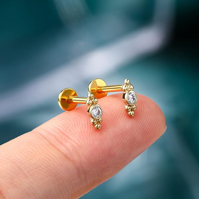 COCHARM 14K Solid Gold Cartilage Earring Stud 16g Yellow Gold Flat Back Helix Stud 14K Gold Push in Tragus Earring Stud Threadless Labret Stud Labret Rings
