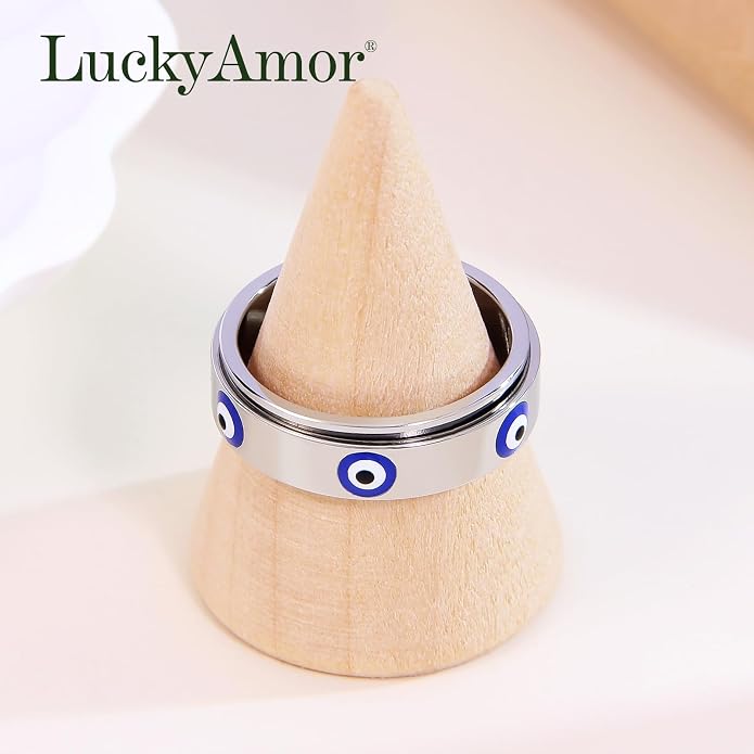 Evil Eye Fidget Ring for Women - 18K Gold Plated Stainless Steel Spinner Rings for Anxiety Relief, Ojo Turco Ring Luck Amulet, Turkish Faith Protection Stackable Jewelry Gift for Women Men
