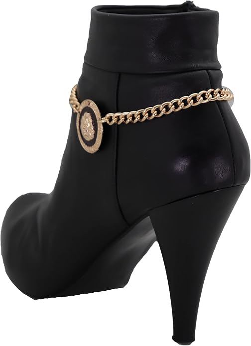 Women Western Fashion Jewelry Boot Bracelet Gold Metal Chain Shoe Anklet Lion Coin Charm Band PAIR BC138