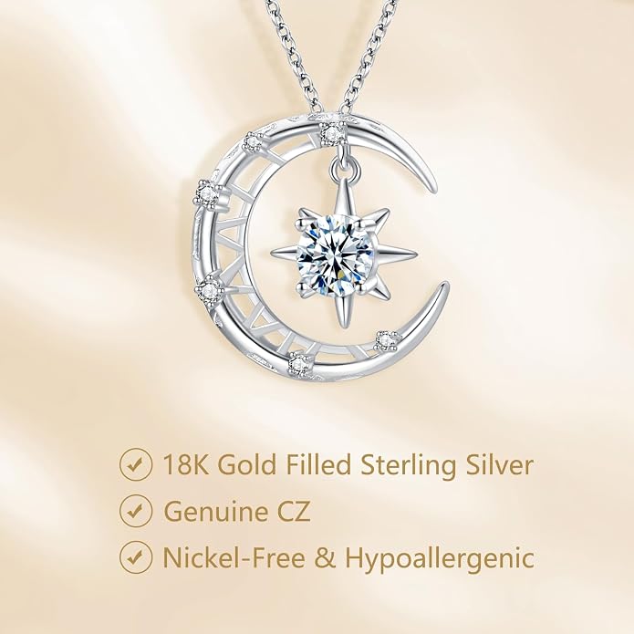 Palpitate Moon Star Necklace Moon Phase Necklace Pendant 925 Sterling Silver Jewelry Christmas Gifts for Women Wife Her Adjustable Chain