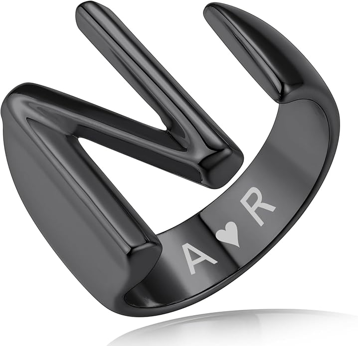 KeyStyle Bold Initial Letter Rings Adjustable, GoldChic Jewelry Women Gold Statement Ring Personalized Engraved Women’s Open Signet Ring for Party (Gold, White Gold, Black)