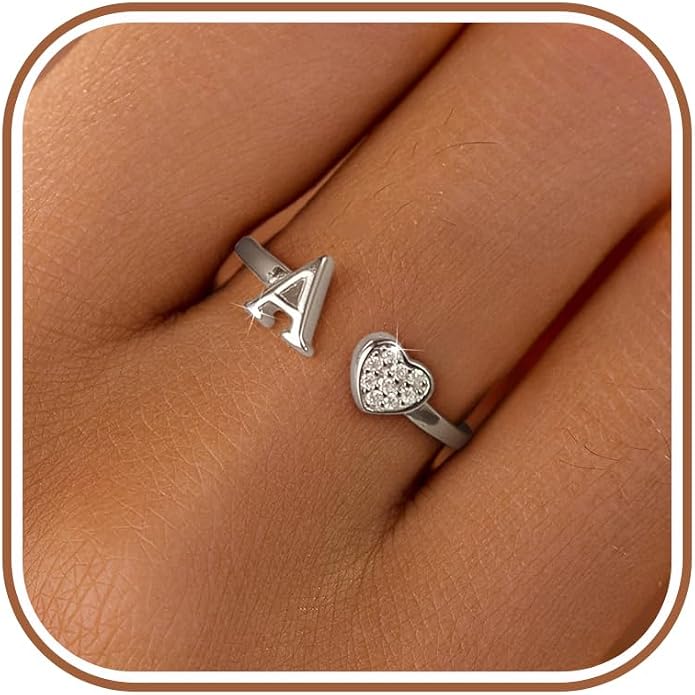 LOVECOM Initial Heart Rings for Women 925 Sterling Silver Gold Adjustable Letter Name Ring Non Tarnish Trendy Stuff Alphabet Letter CZ Stackable Ring Jewelry Gifts for Mom Daughter Sister