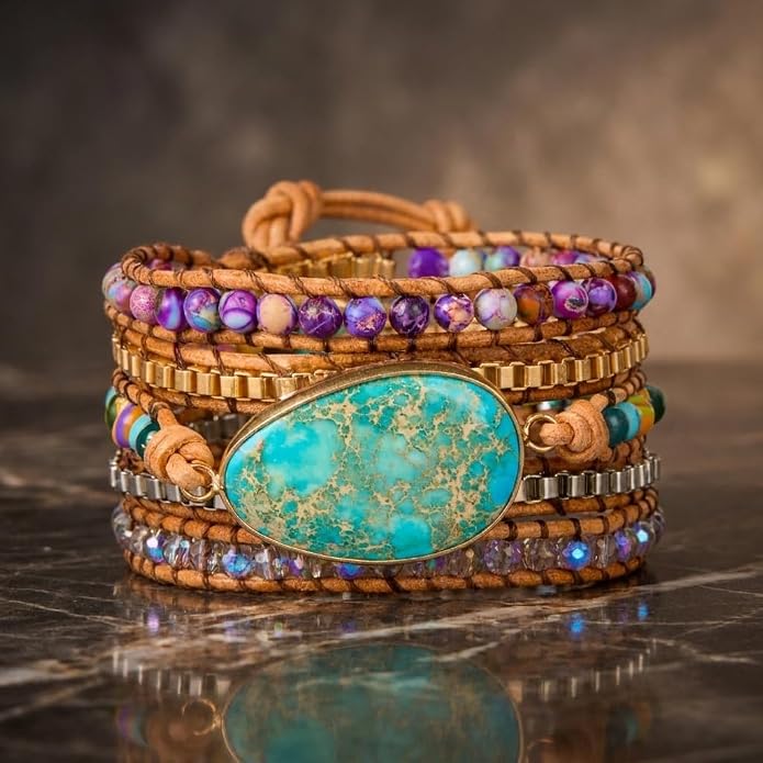 YGLINE Boho Leather Wrap Bracelet for Women- Gemstone Handmade Healing Crystal Beaded 5 Wrap Bohemian Jewelry Collection