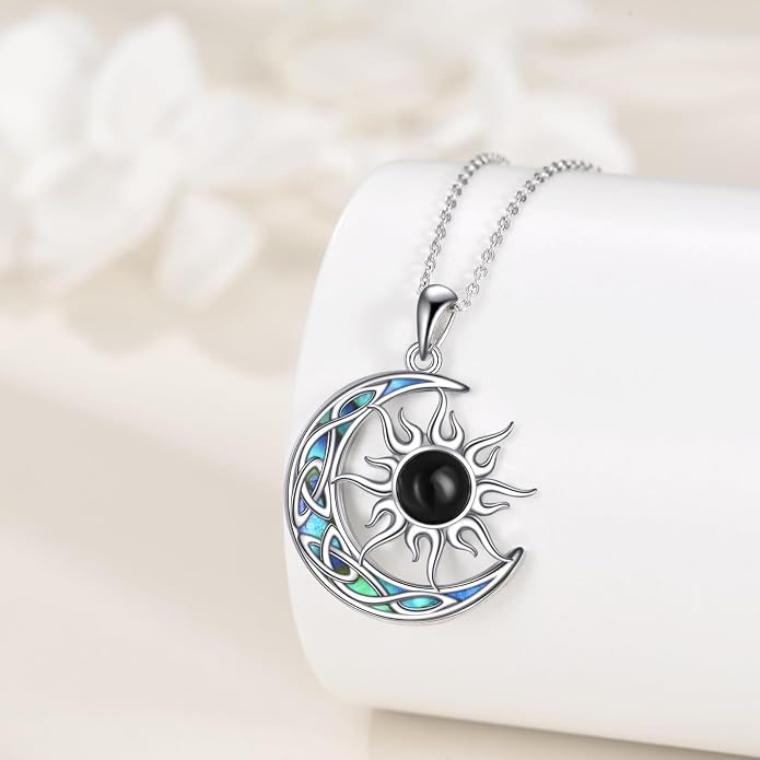 Sun and Moon Necklace for Women 925 Sterling Silver Celtic Crescent Moon Pendant Blue Opal/White Opal/Abelone Shell/Labradorite/Moonstone Jewelry Gift for Teen Girls