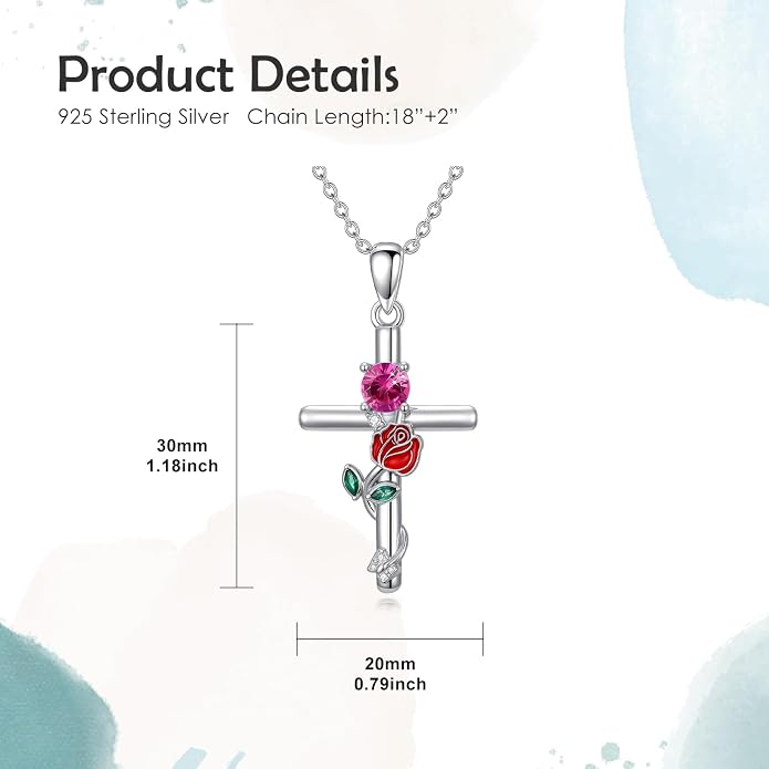 Birthstone Cross Necklace 925 Sterling Silver Rose with Butterfly Birthstone Cross Pendant Necklace Jewelry Gifts for Women Birthday Christmas