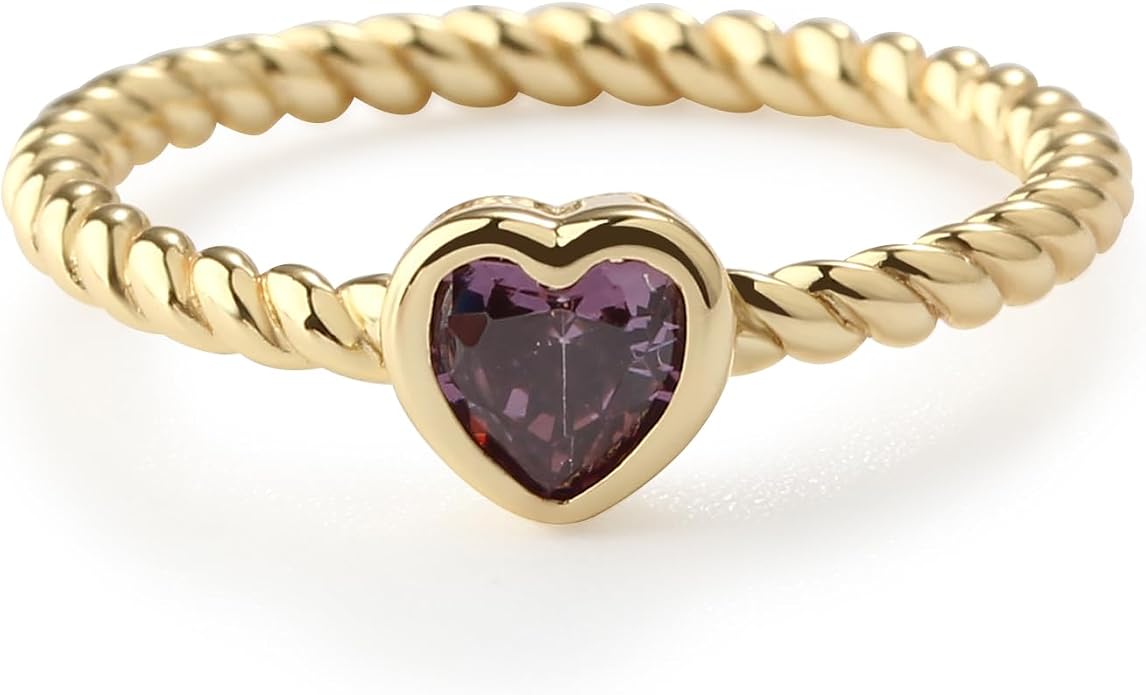 Precious Pieces 14K Gold Plated over .925 Sterling Silver Twisted Rope Band Baby Ring with Heart Birthstone CZ for Babies, Infants, Toddlers, Little Girls, Stackable or Pinky Ring for Teens and Women