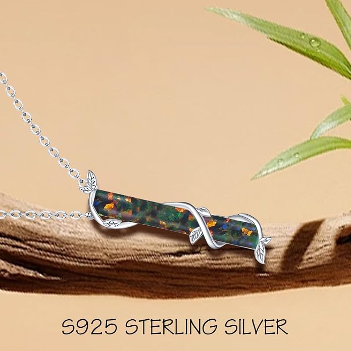 Bar Opal Leaf Necklace For Women S925 Sterling Silver White Opal Pendant with Leaf Charm Bar Pendant Jewelry Gift For Mom Daughter Wife