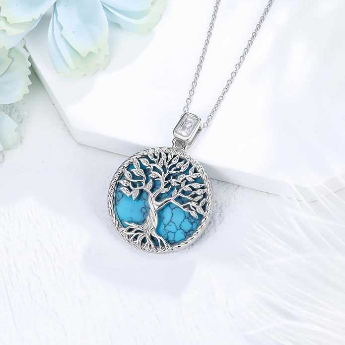 Tree of Life Moissanite Necklace, 925 Sterling Silver 0.5 Carat Moissanite Abalone Shell/Opal/Black Onyx/Turquoise/Malachite/Tiger Eye Stone Tree of Life Pendant Necklaces Jewelry Gift for Women Mom