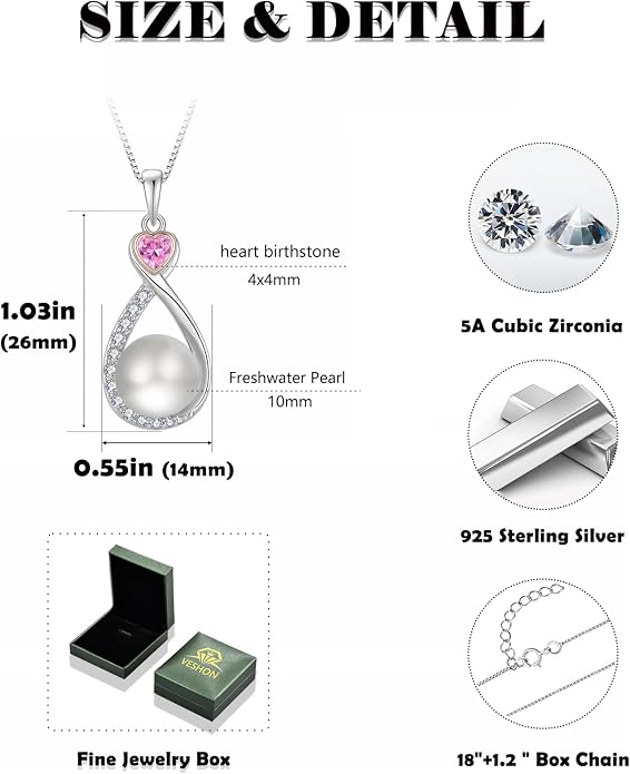 Heart Birthstone Pearl Pendant Necklace, 925 Sterling Silver Infinity Necklace with 10mm Freshwater Cultured Pearl & 4mm Gemstone Jewelry for Women