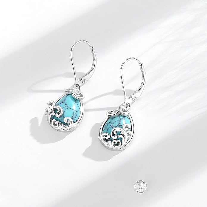 Vito 925 Sterling Silver Teardrop Earrings for Women, Moonstone Turquoise Drop Dangle Earrings Cat Snake Turtle Tree of Life Leverback Earrings Boho Jewelry Gift for Mom Wife