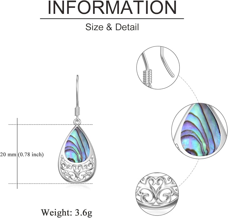 VONALA Abalone Shell Filigree Earrings 925 Sterling Silver Half Butterfly/Dragonfly Teardrop/Long/Vintage Abalone Shell Drop Dangling Earrings Bohemian Jewelry Gifts for Women