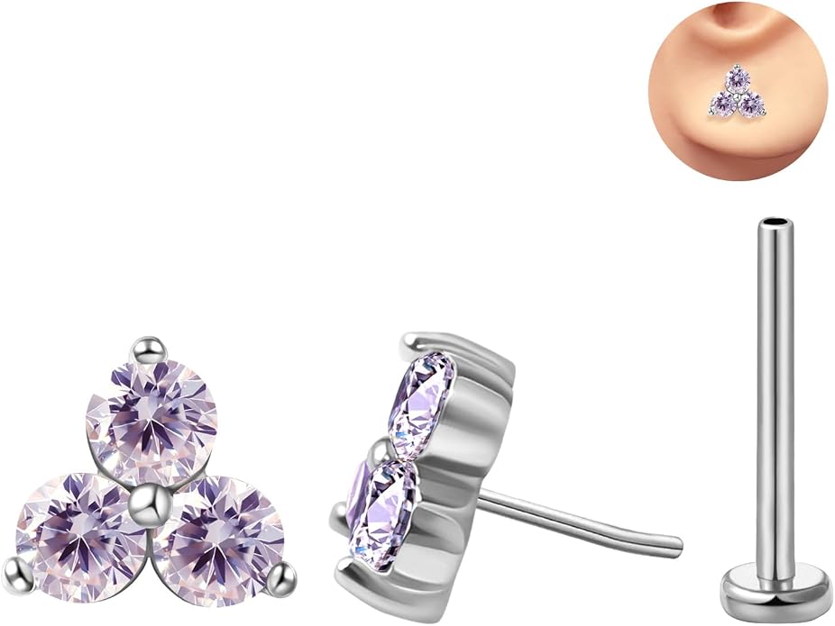 FANSING Cartilage Earring Tragus Stud Trio CZ Stone Flat Back Earring for Helix Conch Threadless Push Pin Labret Stud