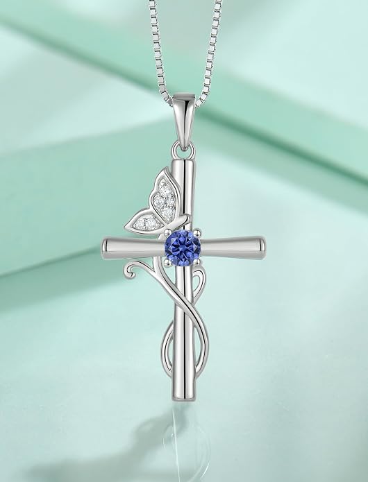 STARCHENIE Butterfly Cross Necklace 925 Sterling Silver Crucifix Pendant Birthstone Jewelry for Women