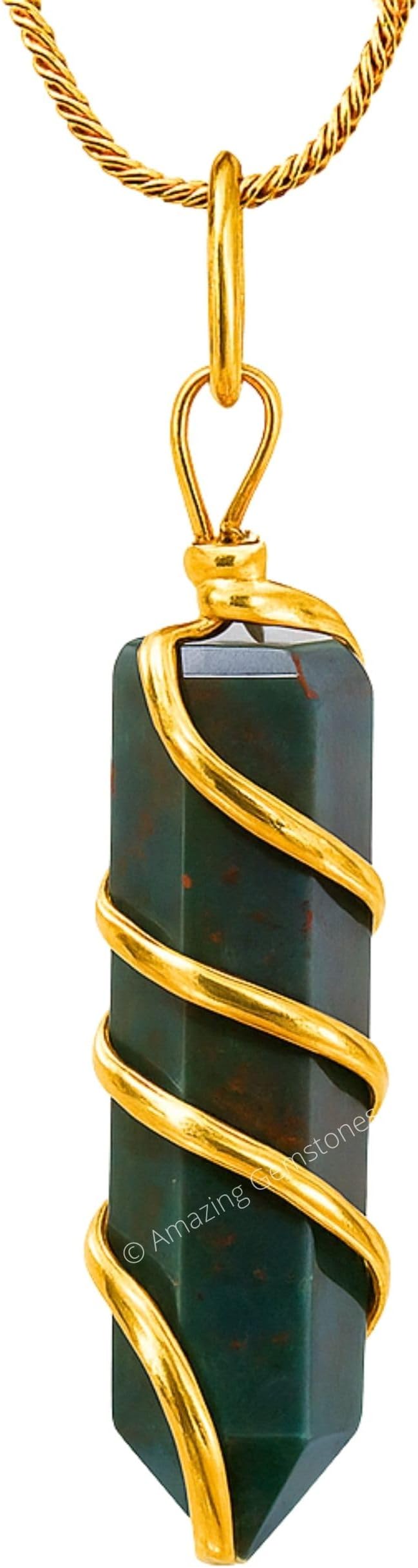 Bloodstone Crystal Necklace Pendant For Women, Gold Wire Wrapped Dainty Minimalist Healing Crystal Necklaces For Men Unisex Necklace Jewelry With 20" Inches Adjustable Chain & Leather Cord