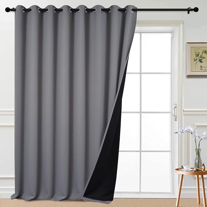 Yakamok Grey 100% Blackout Patio Door Curtain Panels W100 x L108, 1 Panel | Noise Reducing Barrier Panel for Sliding Glass Door, 2 Thick Layers Heat Full Light Blocking Patio Door Drapery