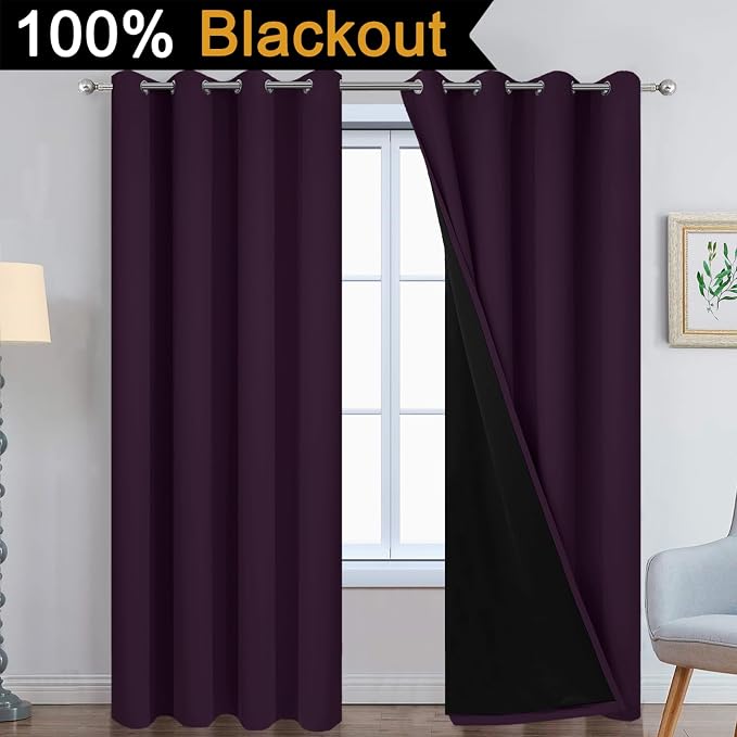 Yakamok Dark Purple 100% Blackout Curtains 96 Inches Long 52" Wide 2 Panels | Blackout Curtain Panels for Bedroom, 2 Thick Layers Grommet Top Thermal Insulated Drapes with Black Liner for Living Room