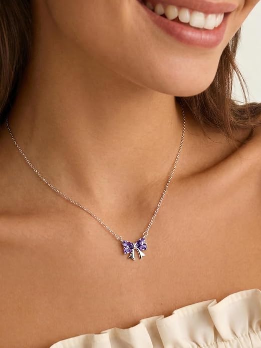 ChicSilver Bow and Cat Birthstone Necklace, 925 Sterling Silver Pendant Necklaces for Women, Hypoallergenic Silver Choker with 16 inch Rolo Chain, 12 Months Jewelry for Valentines Mothers Day Christmas